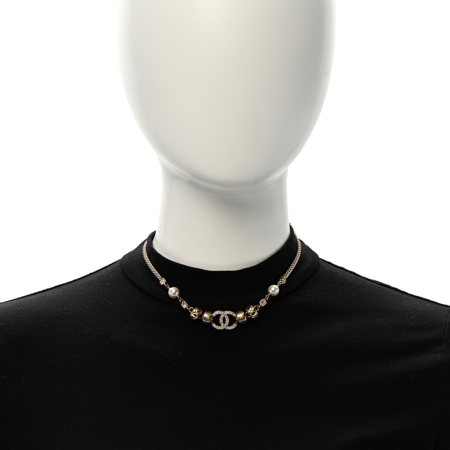 Chanel Pearl Crystal CC Quilted Choker Necklace Gold 2 of 5