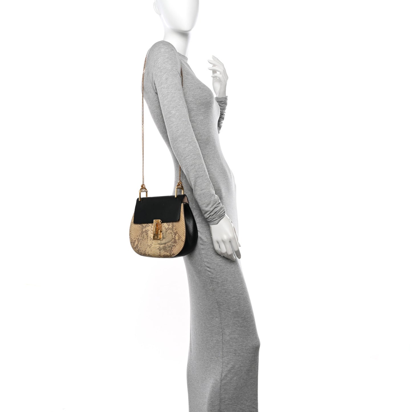 Snakeskin Smooth Calfskin Drew Shoulder Bag Beige Black