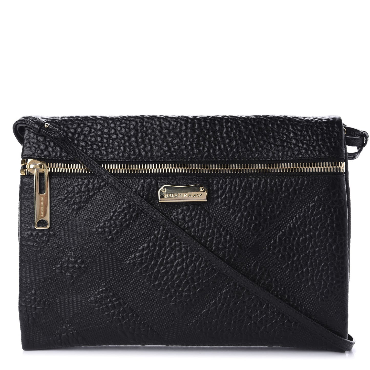 Signature Grain Calfskin Check Embossed Medium Balmoral Clutch Bag Black