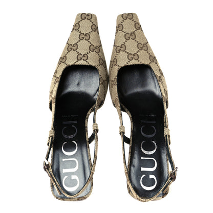 Gucci Monogram Malga Kid Square G 75mm Slingback Pumps 37.5 Beige Ebony New Acero 2 of 9