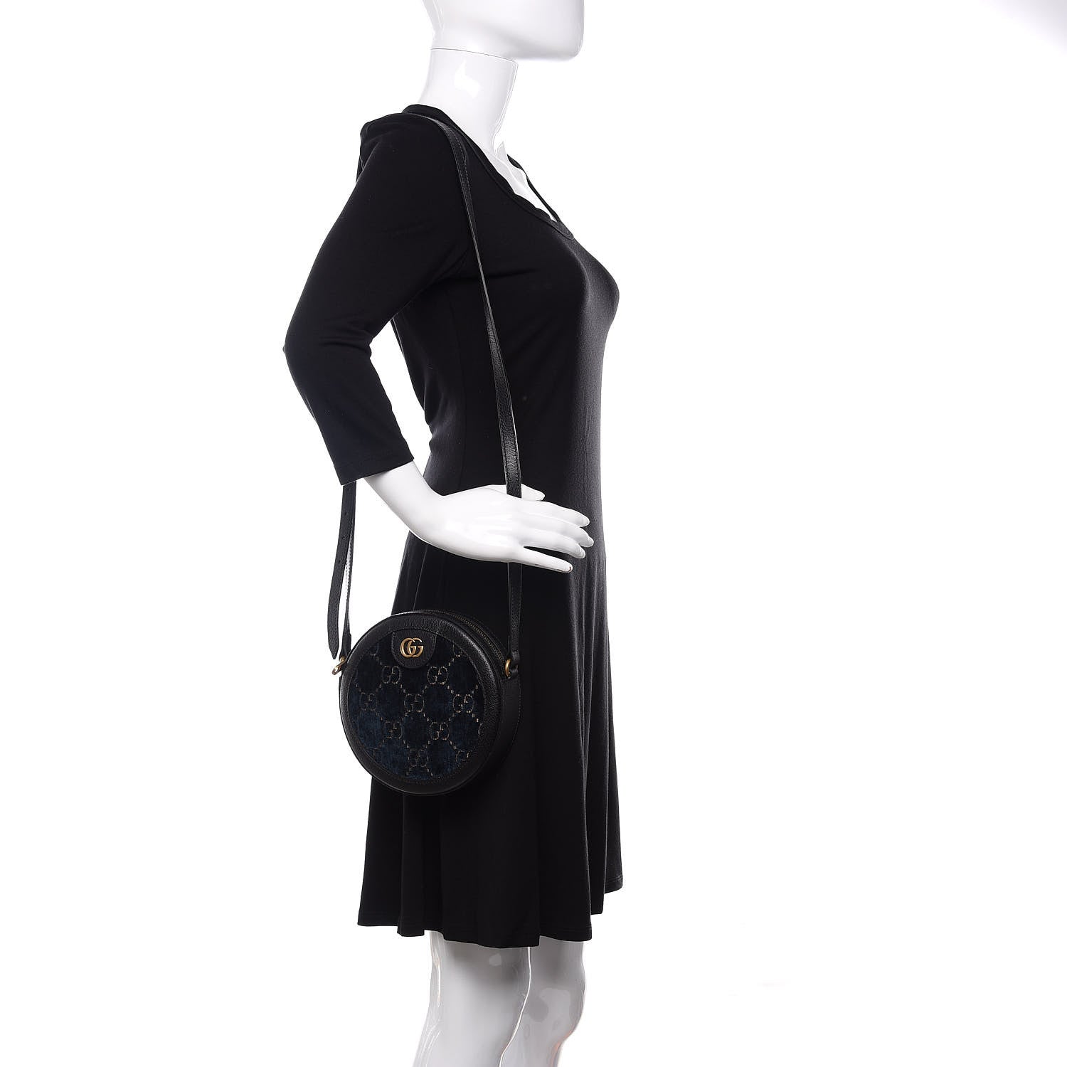 Gucci Velvet Calfskin GG Monogram Round Shoulder Bag Blue Beige 2 of 11