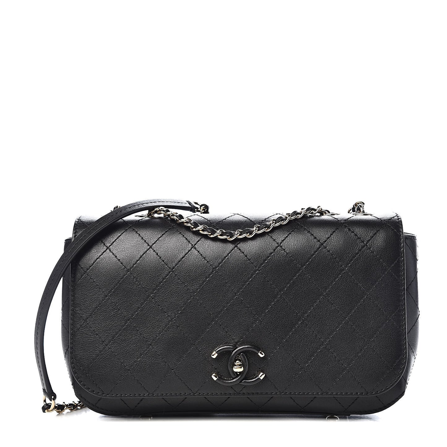 Calfskin Stitched Medium Covered CC Flap Bag Black