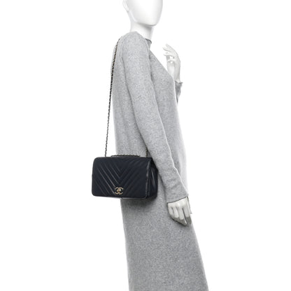 Chanel Calfskin Chevron Quilted Small Statement Flap Navy Blue 2 of 13