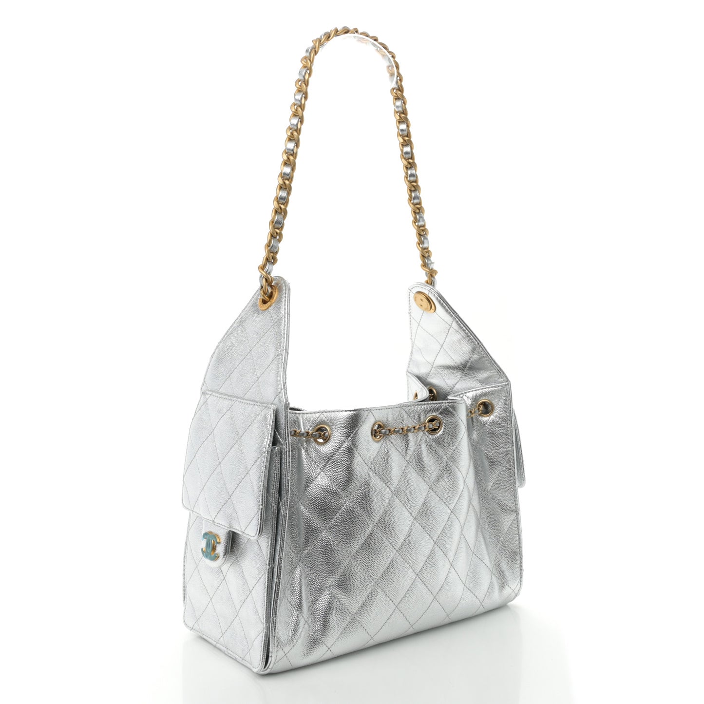 Metallic Caviar Quilted Small Chanel 25 Handbag Silver