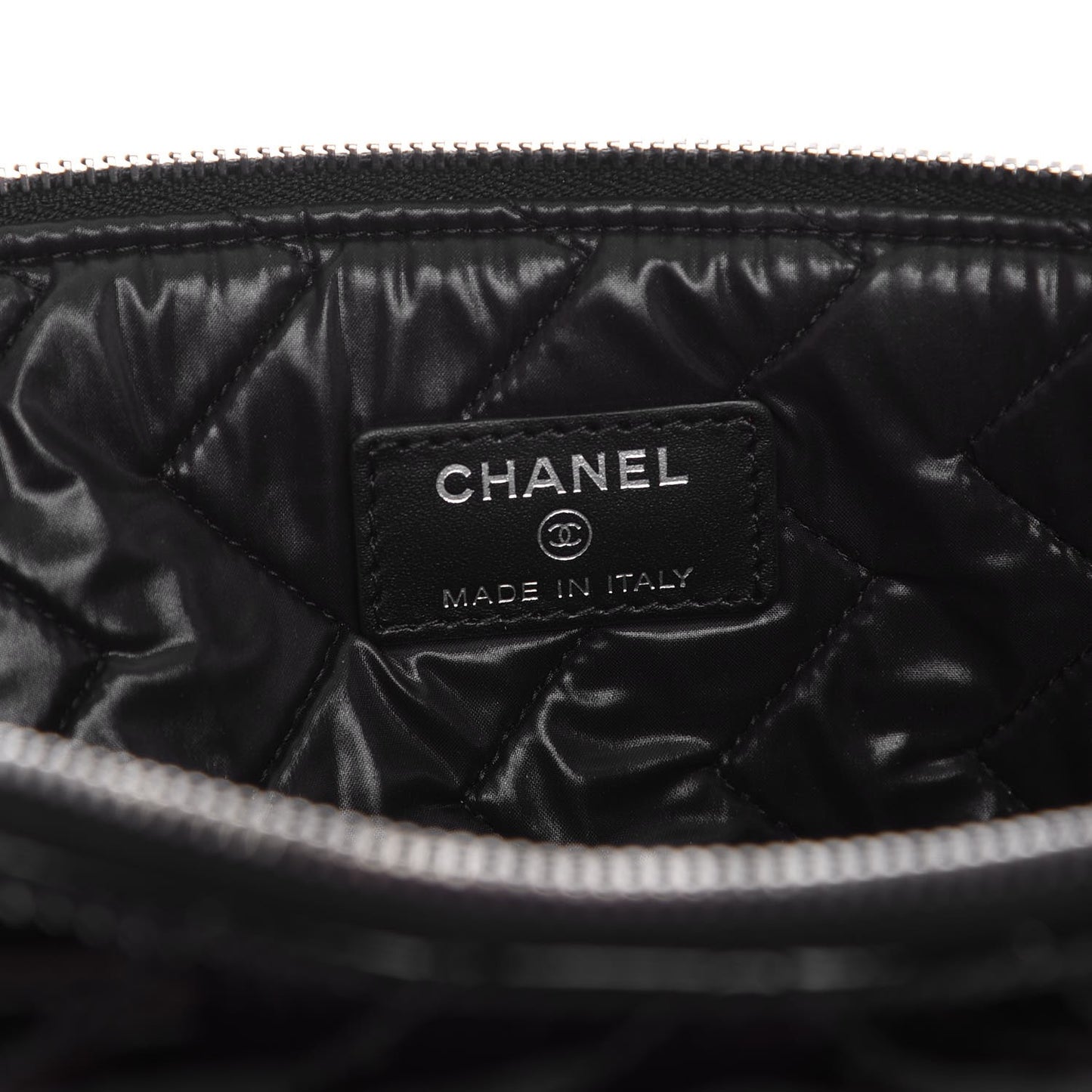 Patent Chevron Quilted CC Large Zip Clutch Black