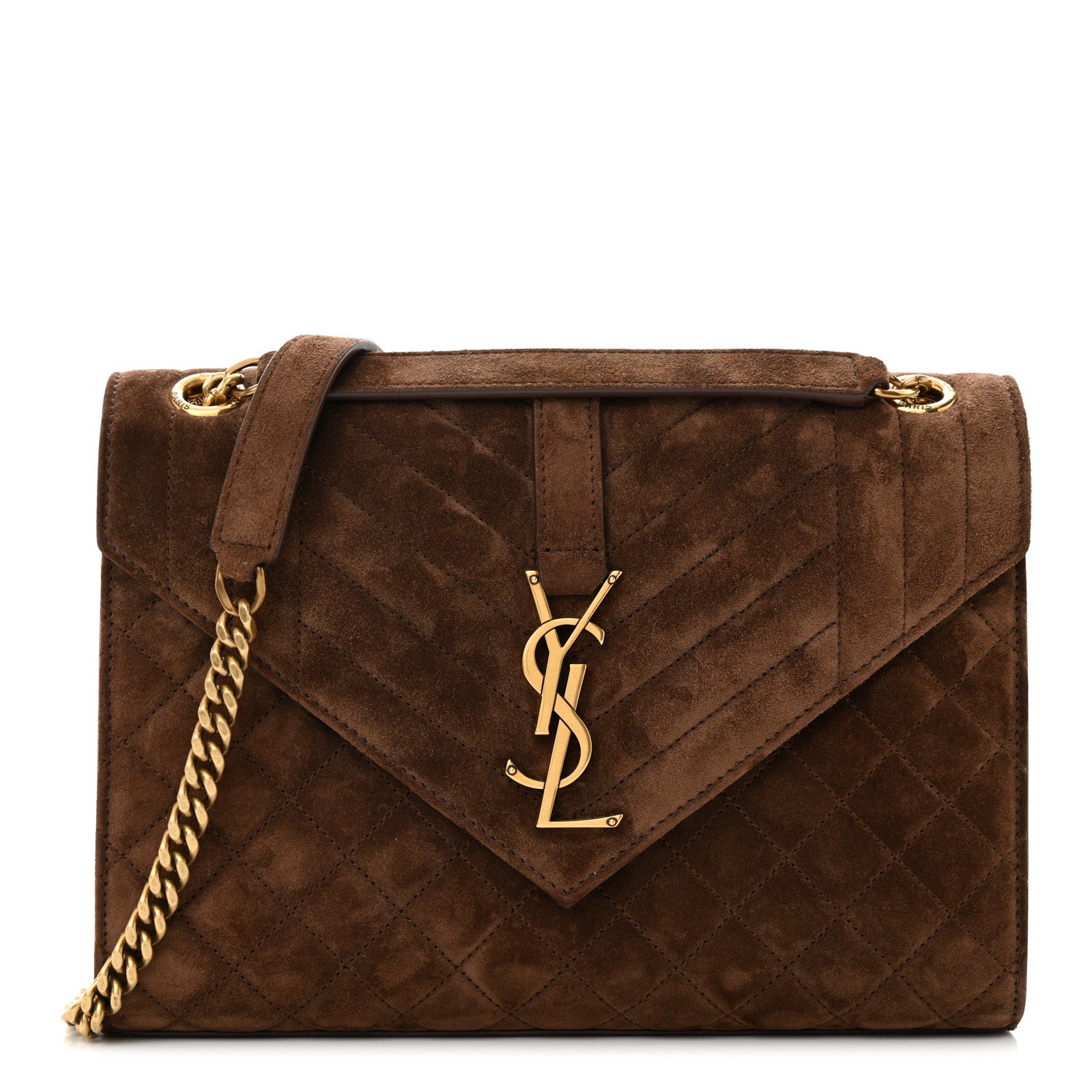 Saint Laurent Suede Mixed Matelasse Triquilt Medium Monogram Envelope Satchel Bark Brown 1 of 12