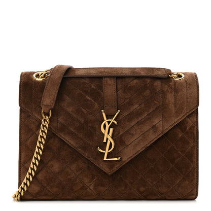 Saint Laurent Suede Mixed Matelasse Triquilt Medium Monogram Envelope Satchel Bark Brown 1 of 12