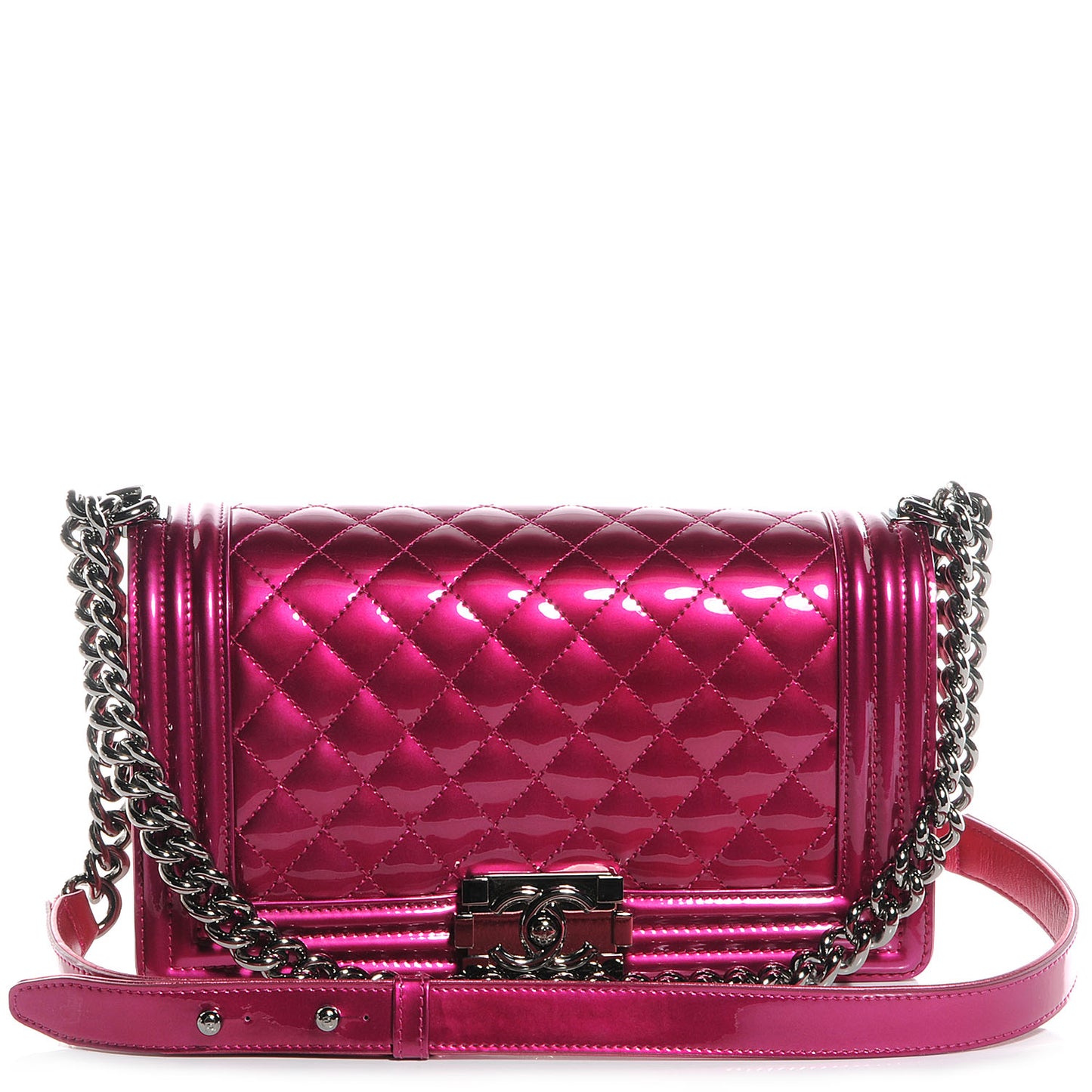 Metallic Patent Calfskin Quilted Medium Boy Flap Pink