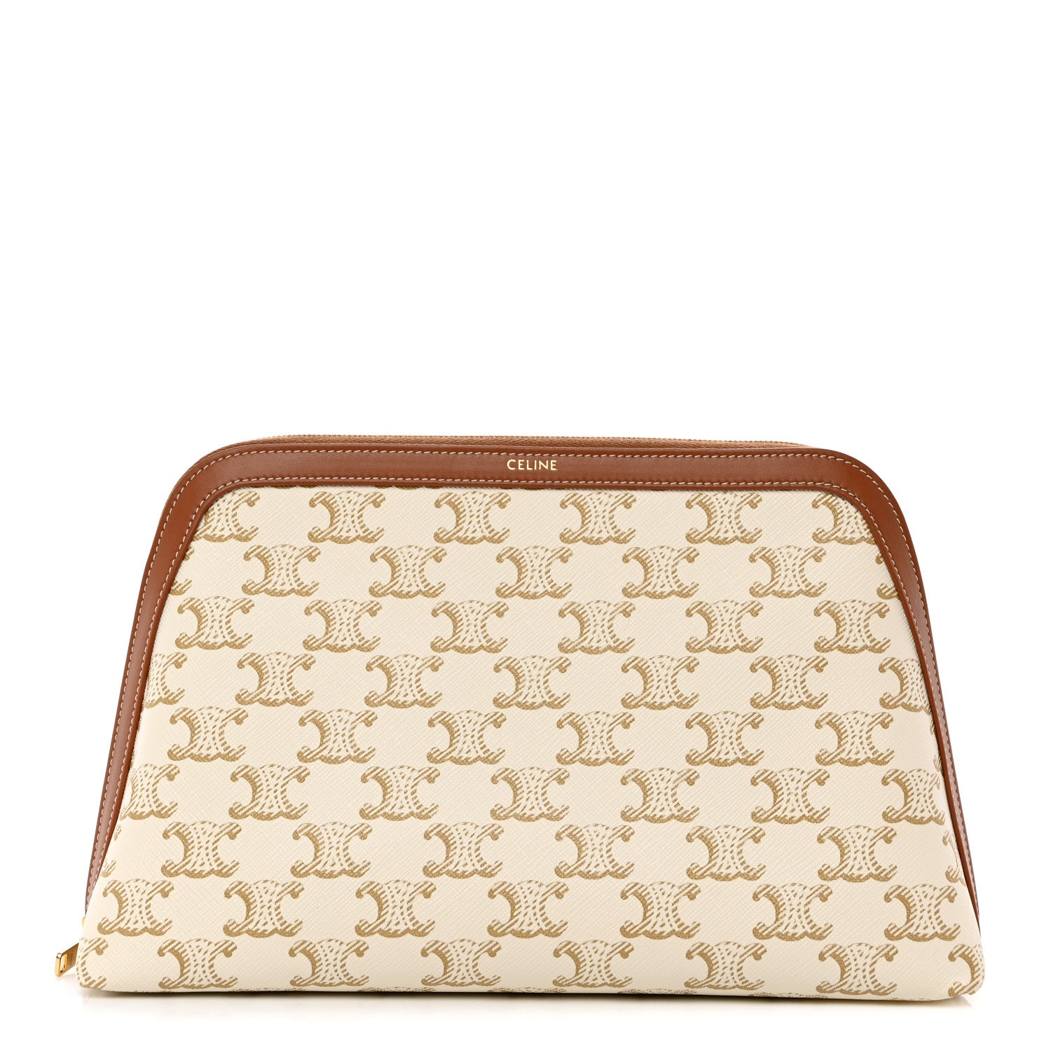 Celine Triomphe Canvas Calfskin Large Cosmetic Pouch White Tan 1 of 7