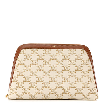Celine Triomphe Canvas Calfskin Large Cosmetic Pouch White Tan 1 of 7