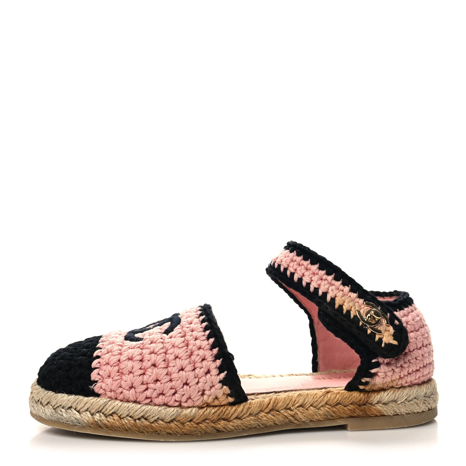 Chanel Braided Knit Cap Toe CC Ankle Strap Espadrilles 36 Light Pink Black 1 of 8