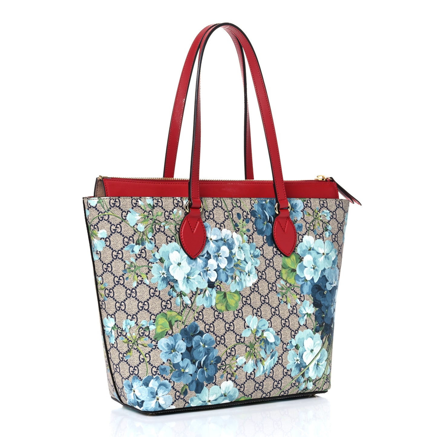 GG Supreme Monogram Blooms Medium Zippered Bucket Tote Beige Blue Navy Hibiscus Red