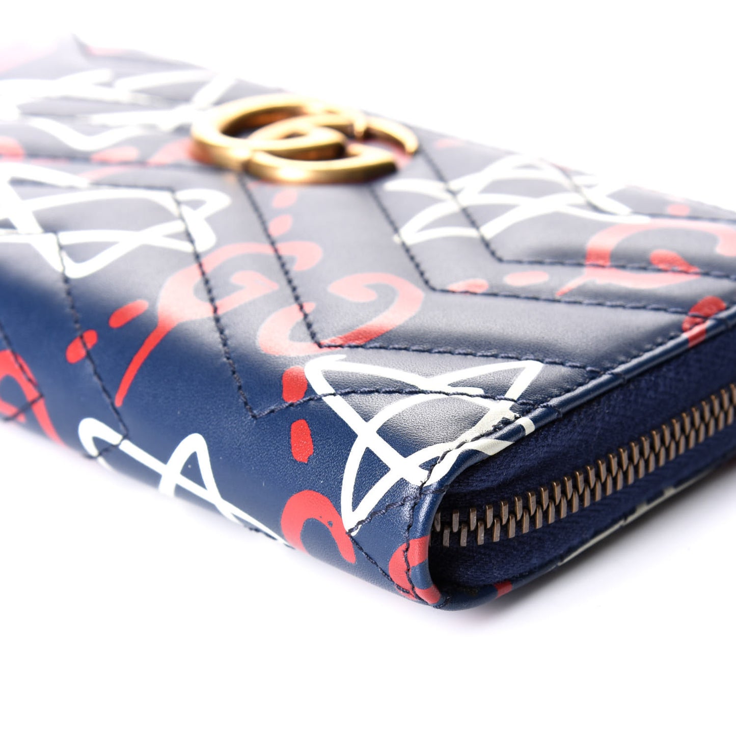 Calfskin Matelasse GucciGhost GG Marmont Zip Around Wallet Blue Agata Hibiscus Red