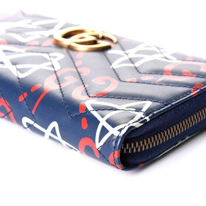 Gucci Calfskin Matelasse GucciGhost GG Marmont Zip Around Wallet Blue Agata Hibiscus Red 6 of 8
