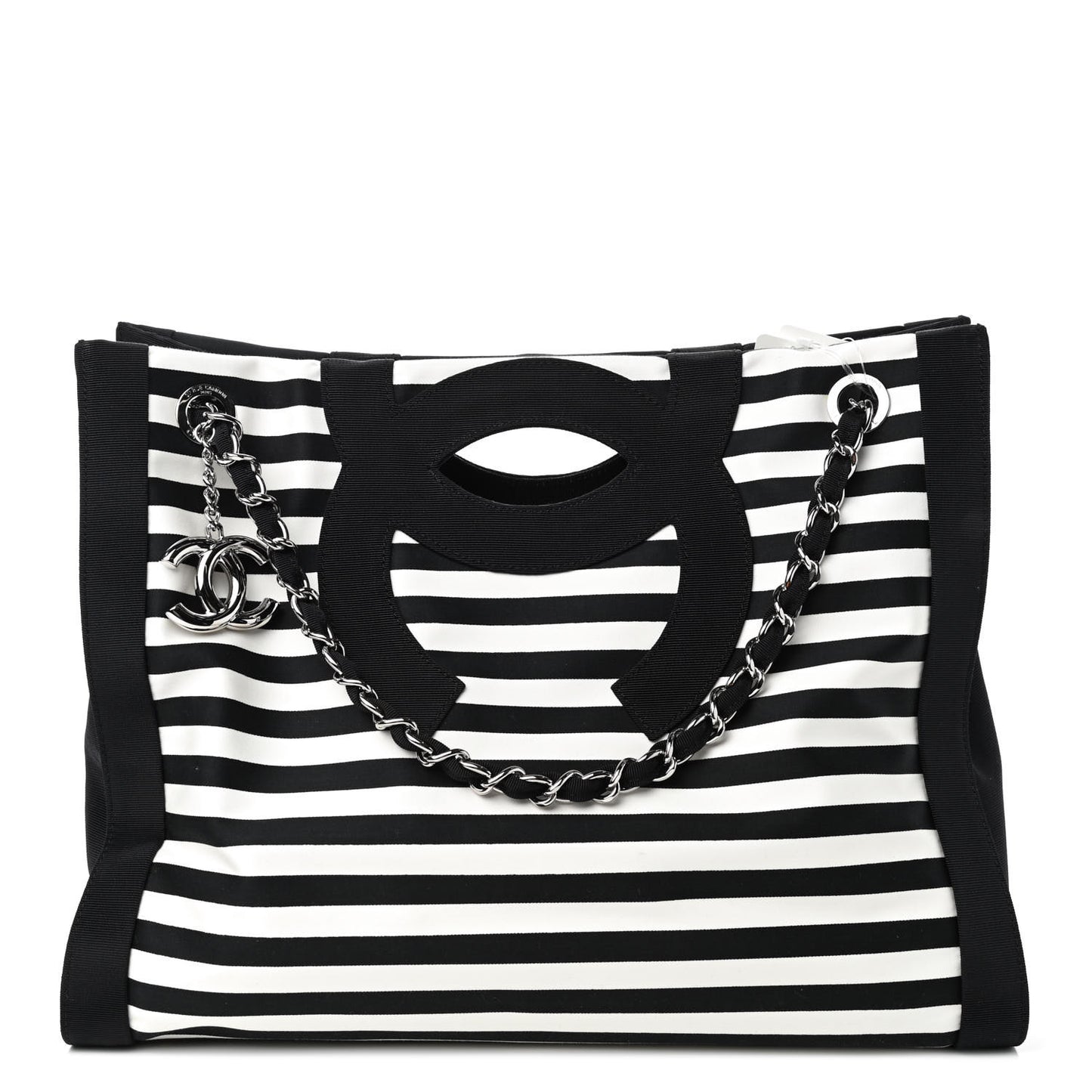 Striped Canvas CC Shopping Tote Black White