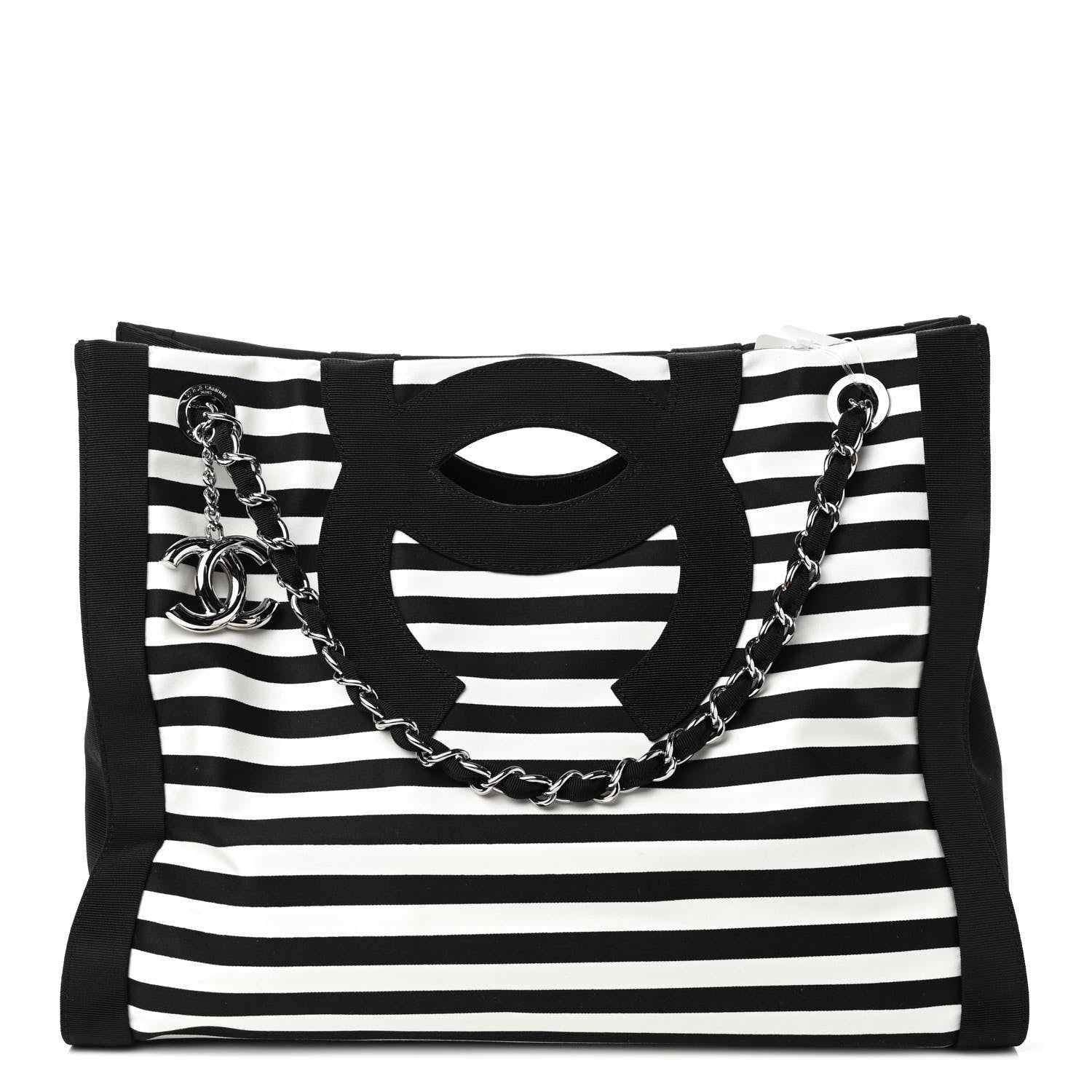 Chanel Striped Canvas CC Shopping Tote Black White 1 of 9