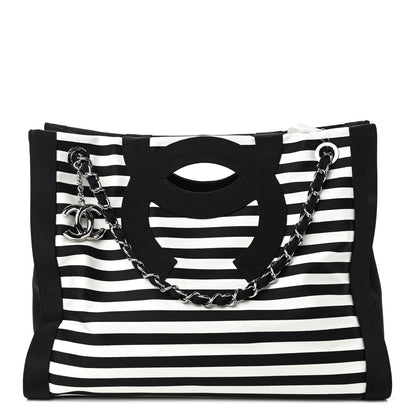 Chanel Striped Canvas CC Shopping Tote Black White 1 of 9