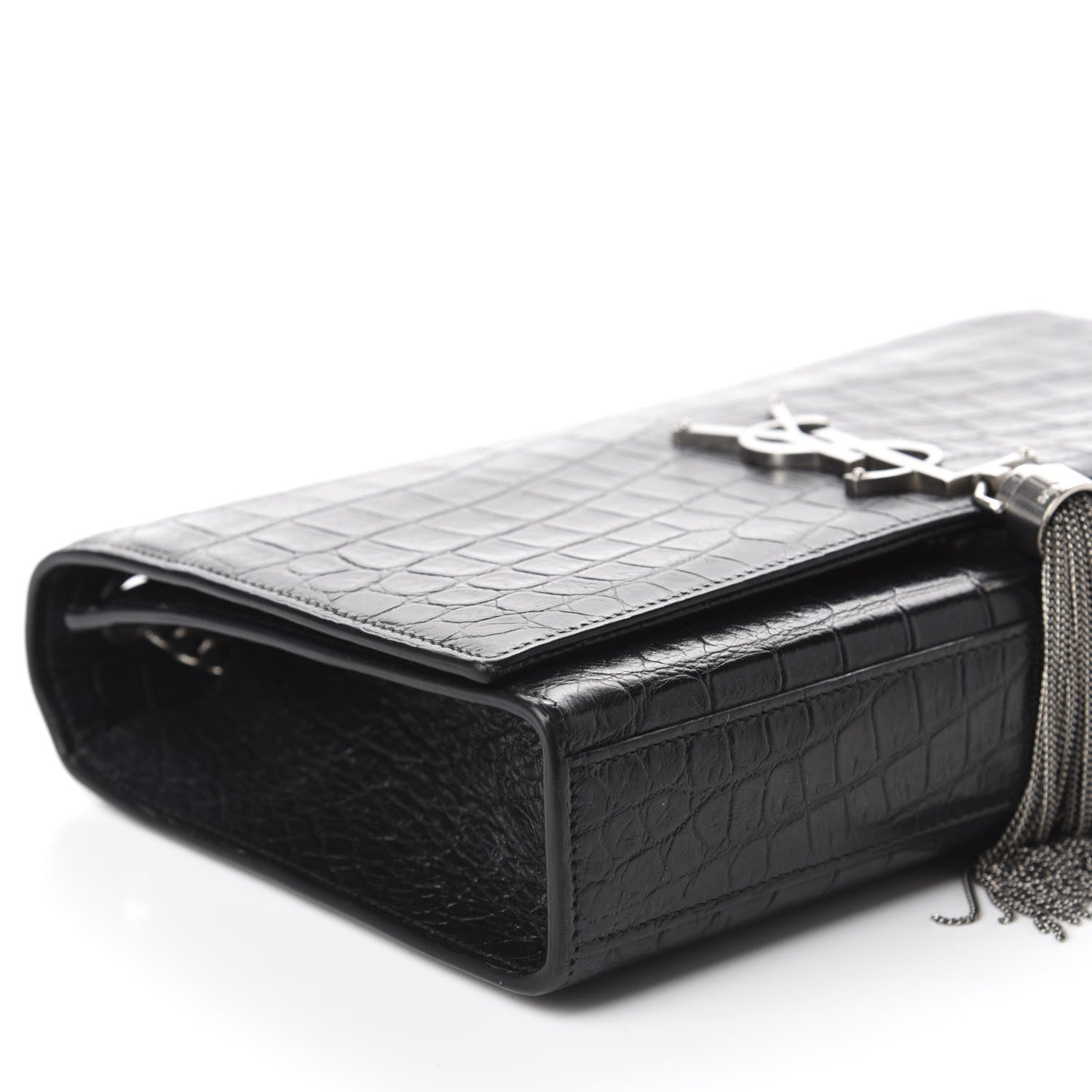 Saint Laurent Calfskin Crocodile Embossed Medium Classic Monogram Kate Tassel Satchel Black 6 of 11