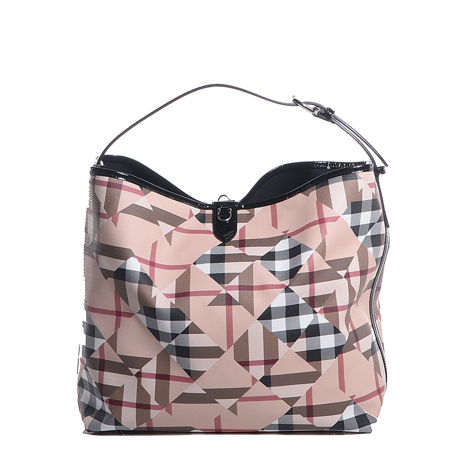 Patent Trim Patchwork Check Large Bucket Bag