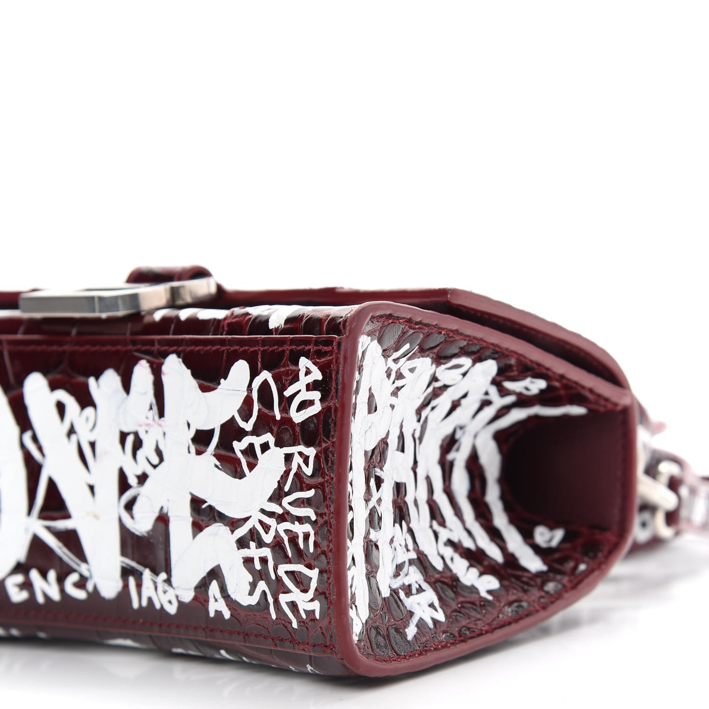Calfskin Graffiti Crocodile Embossed Hourglass Top Handle Bag XS Dark Red White