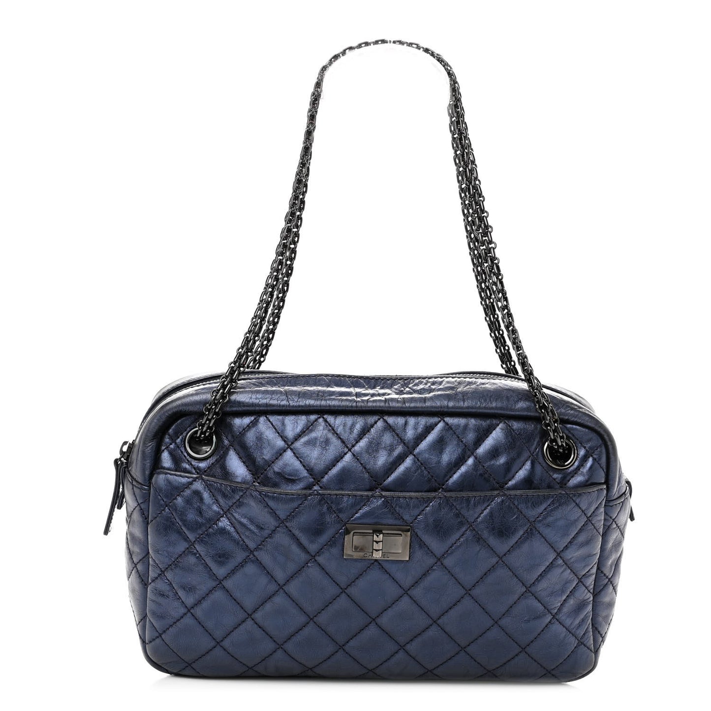 Metallic Aged Calfskin Quilted Medium Reissue Camera Case Bag Blue