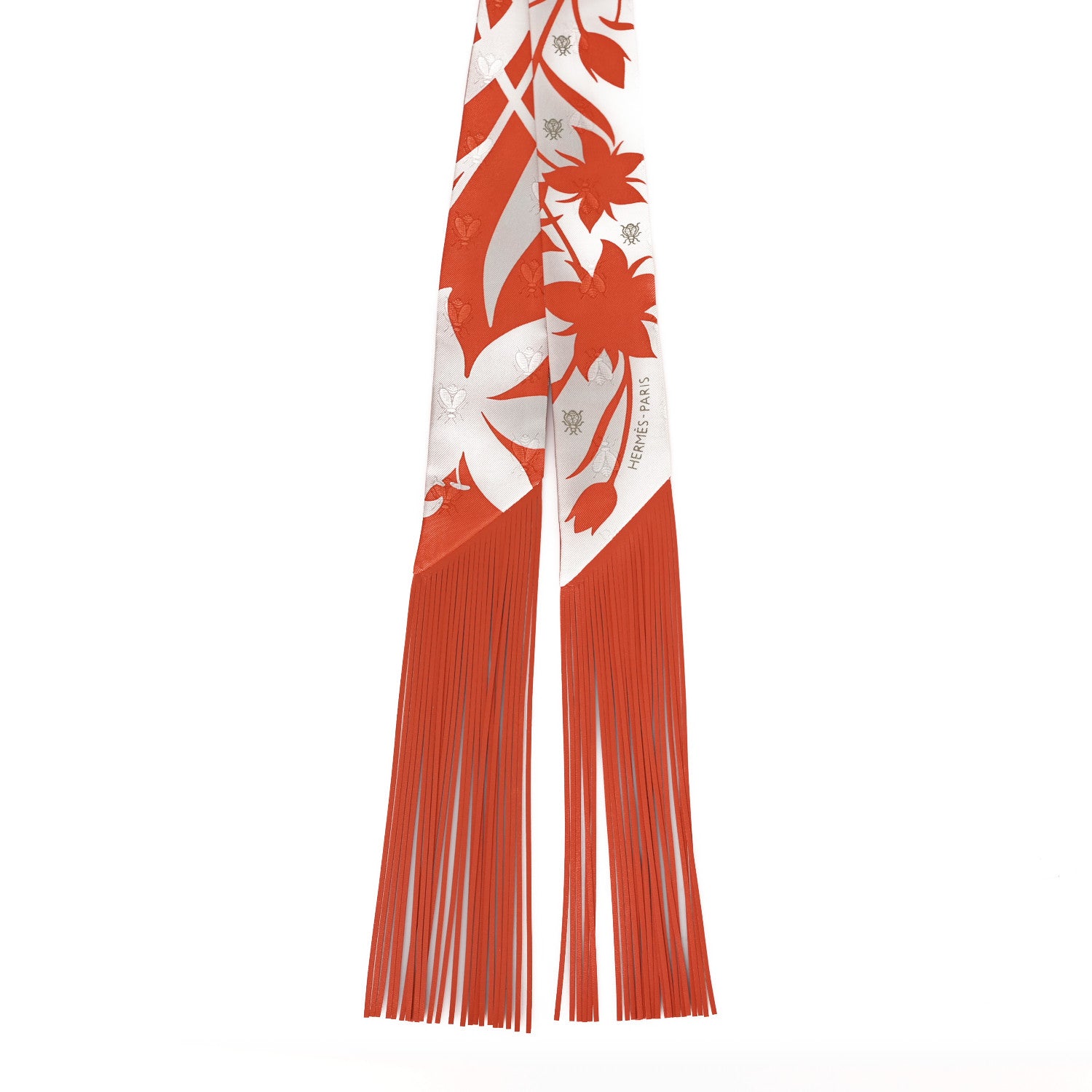 Hermes Silk Calfskin Bouquet Final Fringed Twilly Orange Gris Perle Vermillion 2 of 3