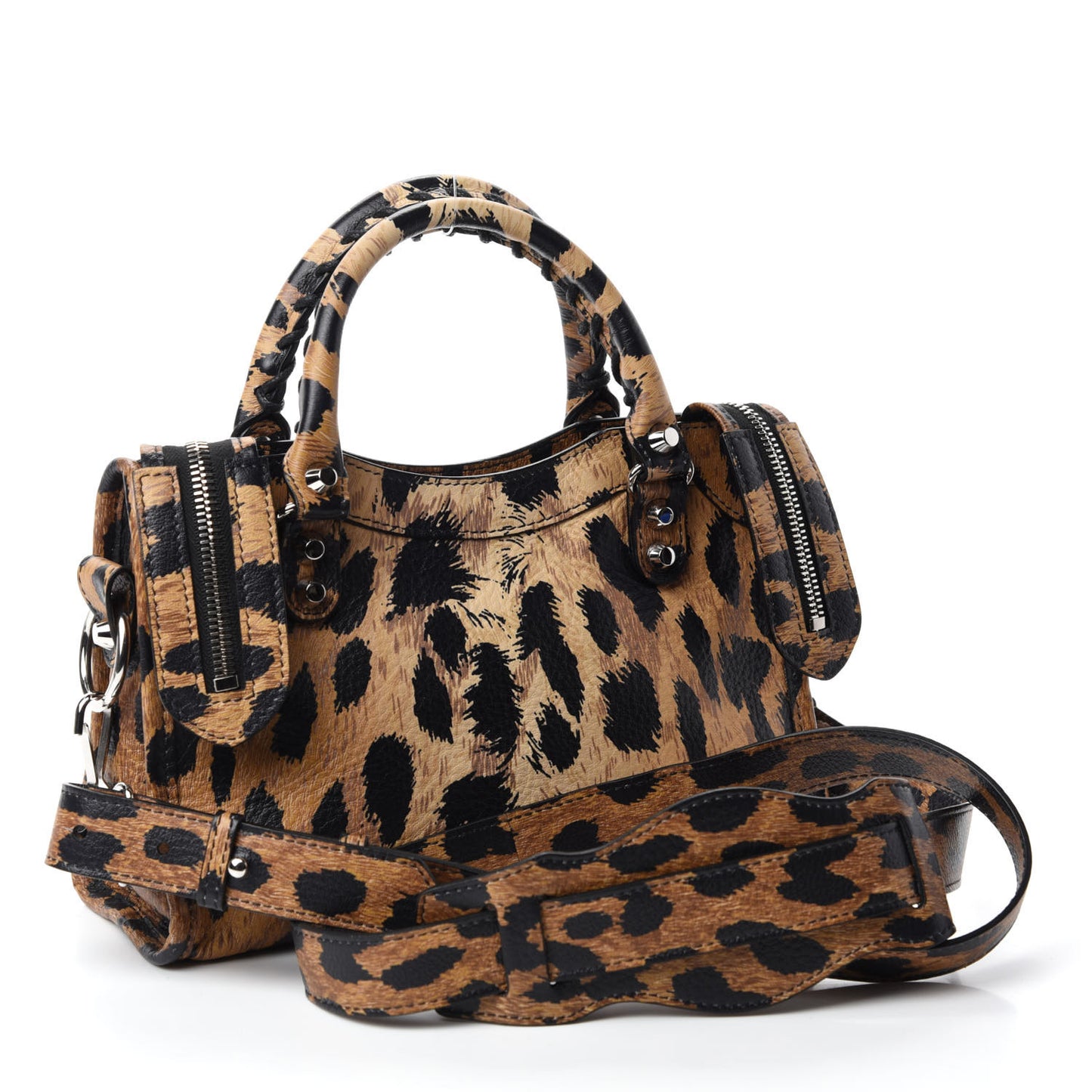 Smooth Calfskin Leopard Print Classic Silver Hardware Mini City Beige
