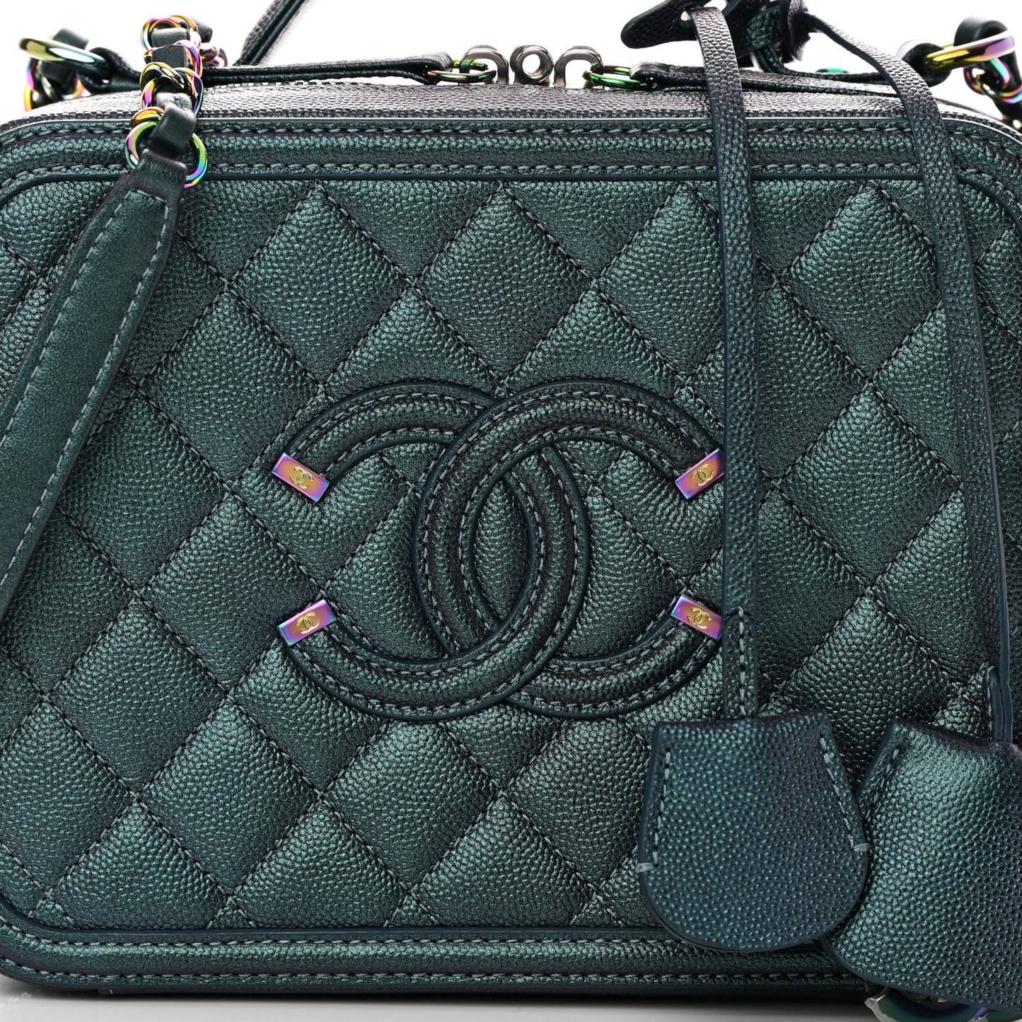 Iridescent Caviar Quilted Medium CC Filigree Vanity Case Dark Turquoise