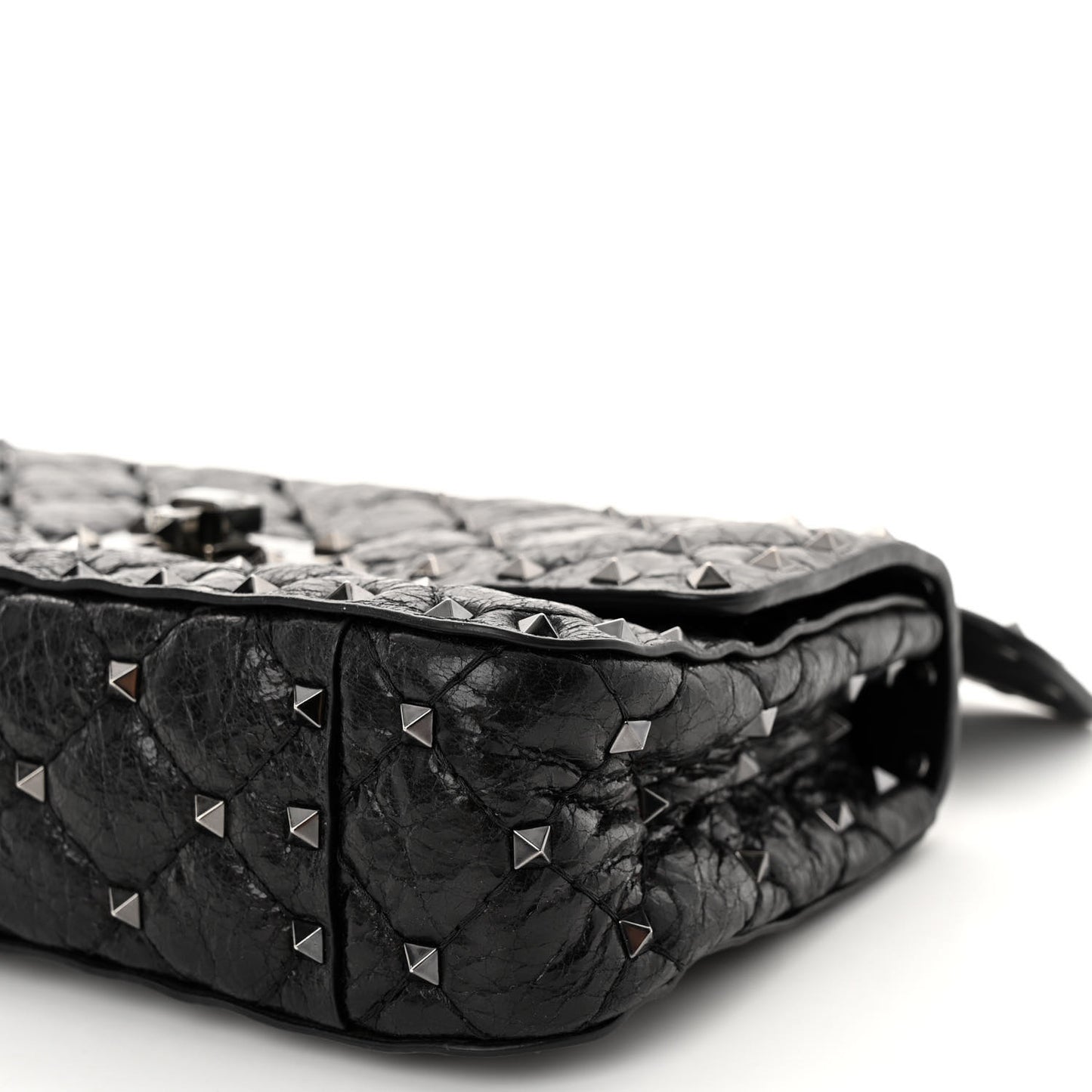 Craquele Nappa Small Rockstud Spike Shoulder Bag Black