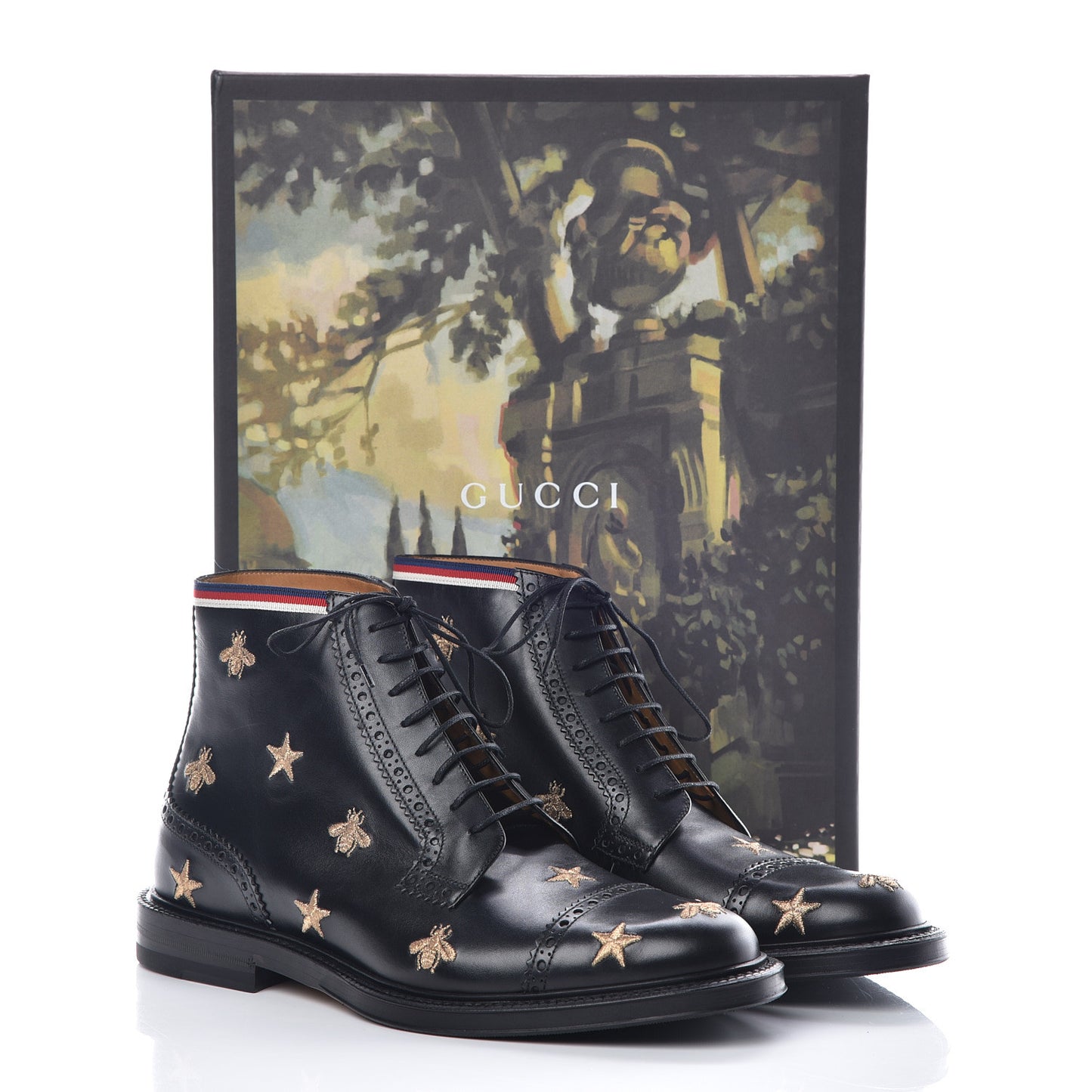 Calfskin Sylvie Web Bee Star Embroidered Mens Brogue Captoe Boots 8 Black