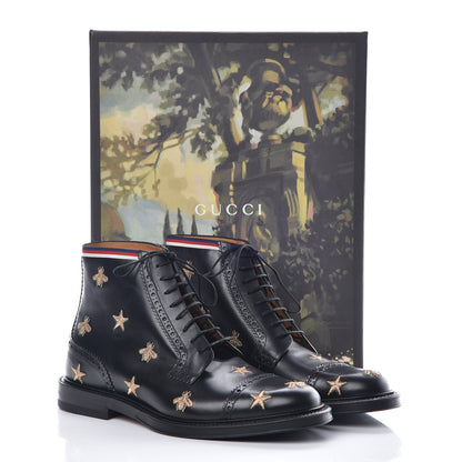 Gucci Calfskin Sylvie Web Bee Star Embroidered Mens Brogue Captoe Boots 8 Black 9 of 9