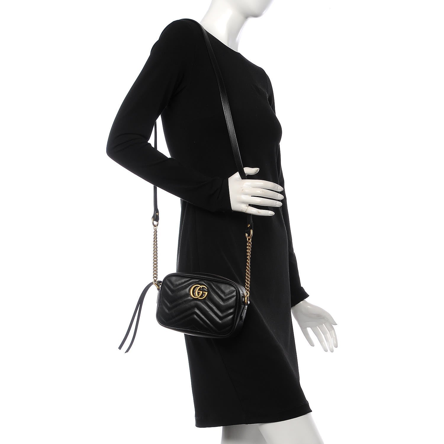 Gucci Calfskin Matelasse Mini GG Marmont Chain Shoulder Bag Black 2 of 8