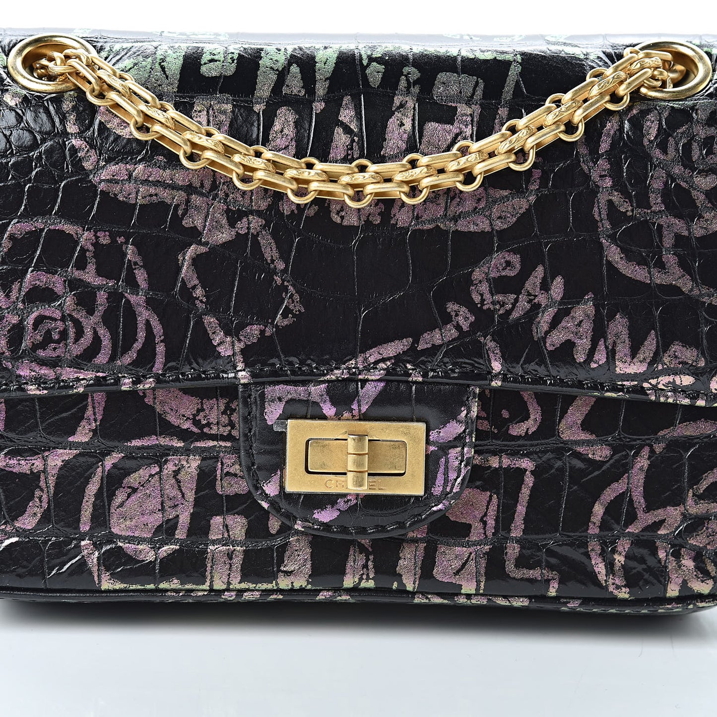 Calfskin Crocodile Embossed Graffiti 2.55 Mini Cocodile Reissue Flap Black Pink