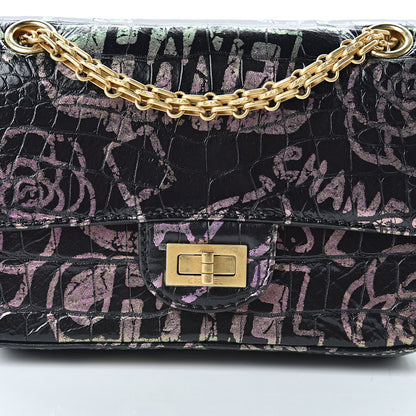 Chanel Calfskin Crocodile Embossed Graffiti 2.55 Mini Cocodile Reissue Flap Black Pink 8 of 11