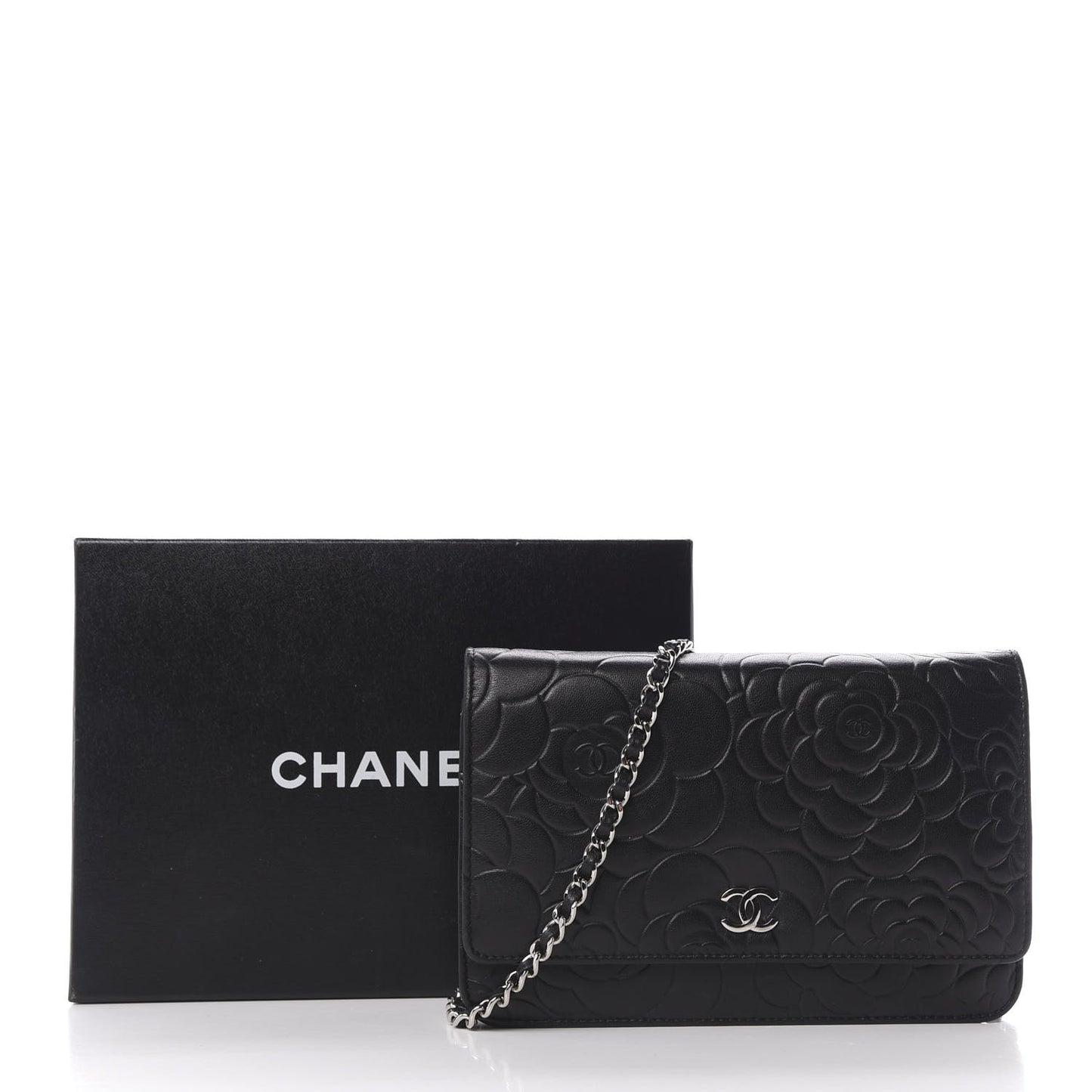 Lambskin Camellia Embossed Wallet on Chain WOC Black