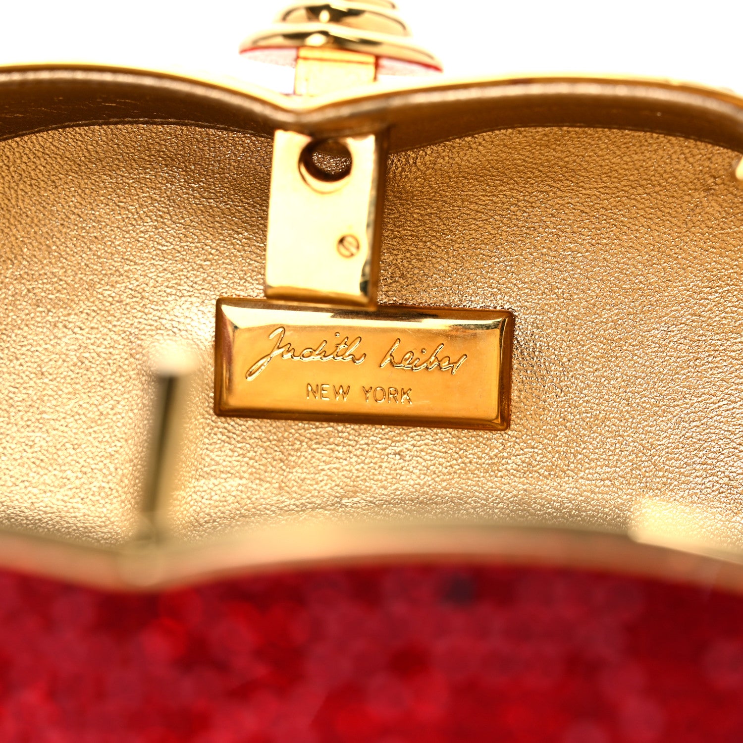 Judith Leiber Swarovski Crystal Heart Minaudiere Clutch Red Gold 6 of 10