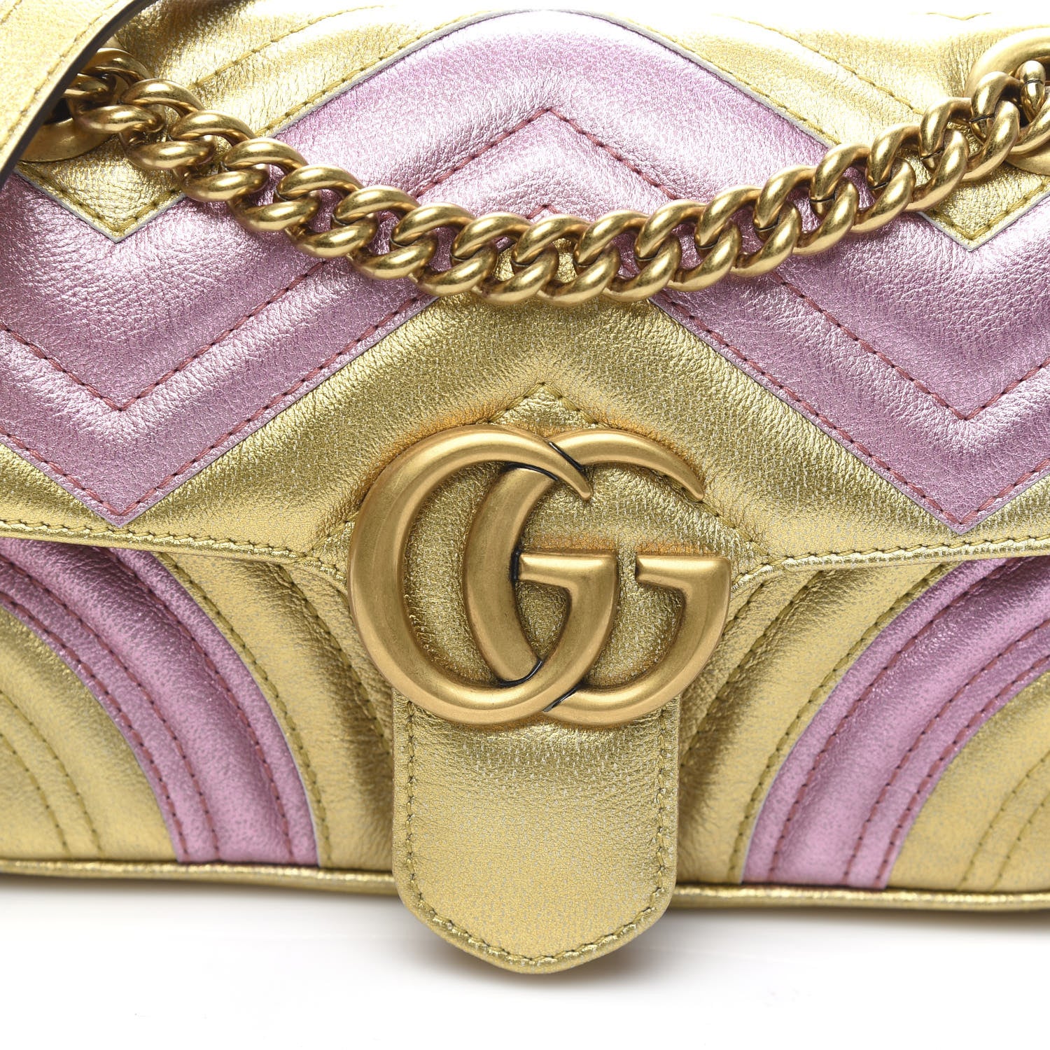 Gucci Metallic Calfskin Matelasse Mini GG Marmont Shoulder Bag Gold Pink 11 of 11