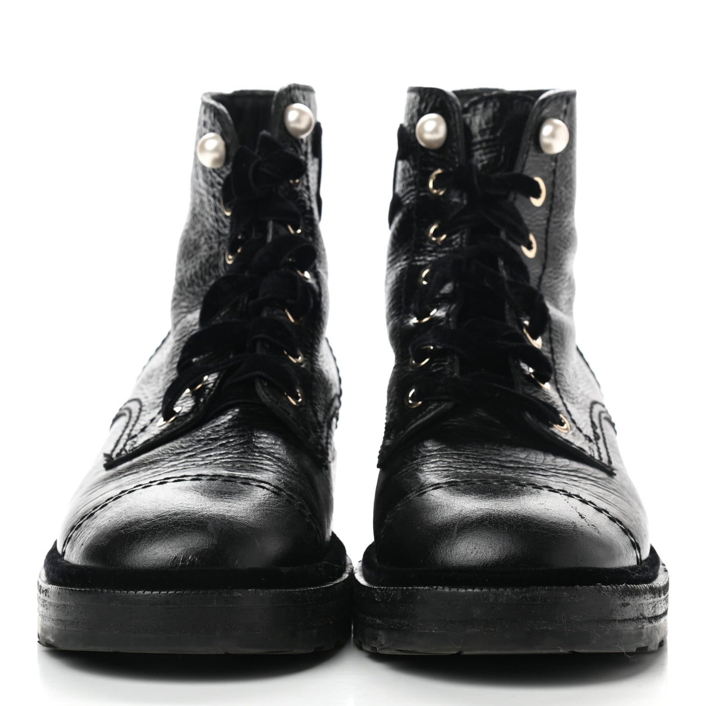 Shiny Calfskin Velvet Pearl Combat Short Boots 38.5 Black