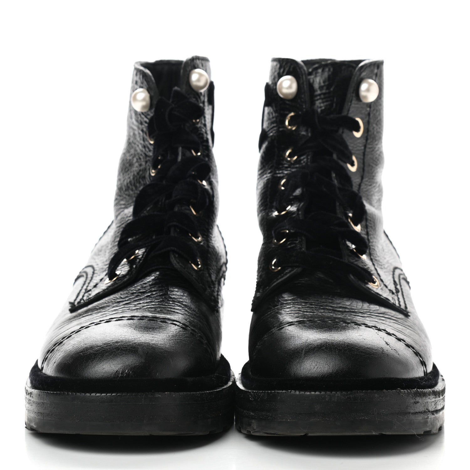 Chanel Shiny Calfskin Velvet Pearl Combat Short Boots 38.5 Black 2 of 9