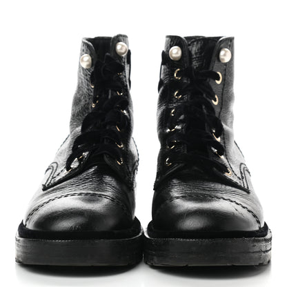 Chanel Shiny Calfskin Velvet Pearl Combat Short Boots 38.5 Black 2 of 9