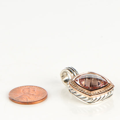 David Yurman Sterling Silver 18K Rose Gold Pave Diamond 14mm Morganite Enhancer Pendant 2 of 4