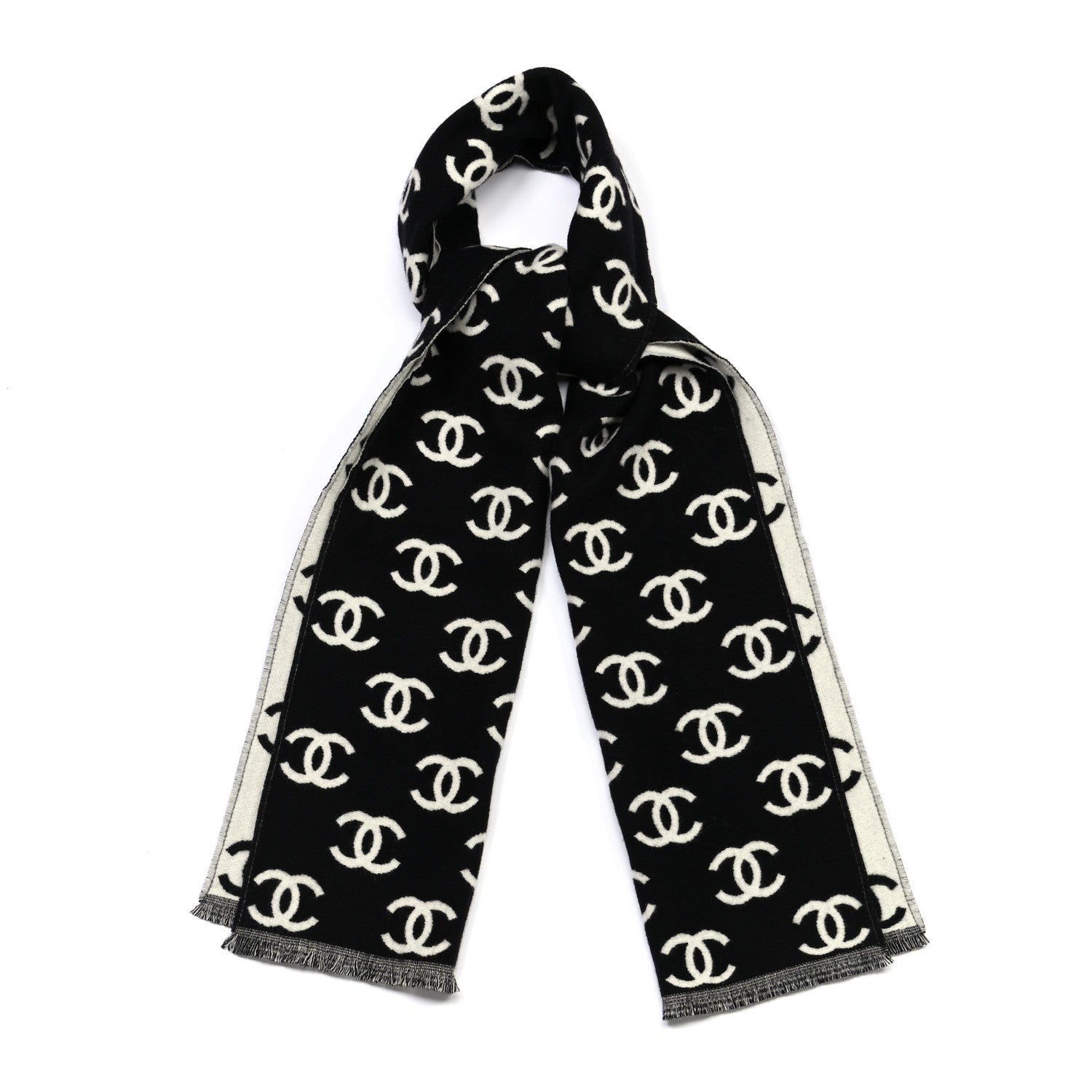 Chanel Wool Cashmere CC Scarf Black White 1 of 4