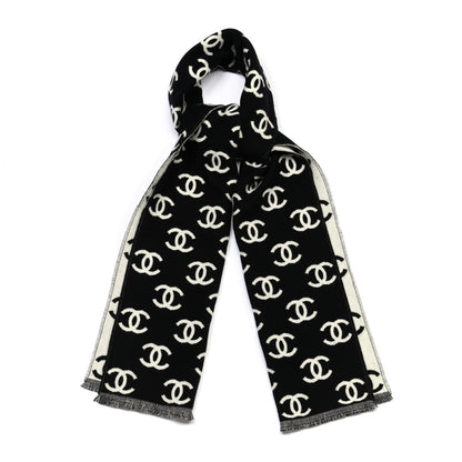 Chanel Wool Cashmere CC Scarf Black White 1 of 4