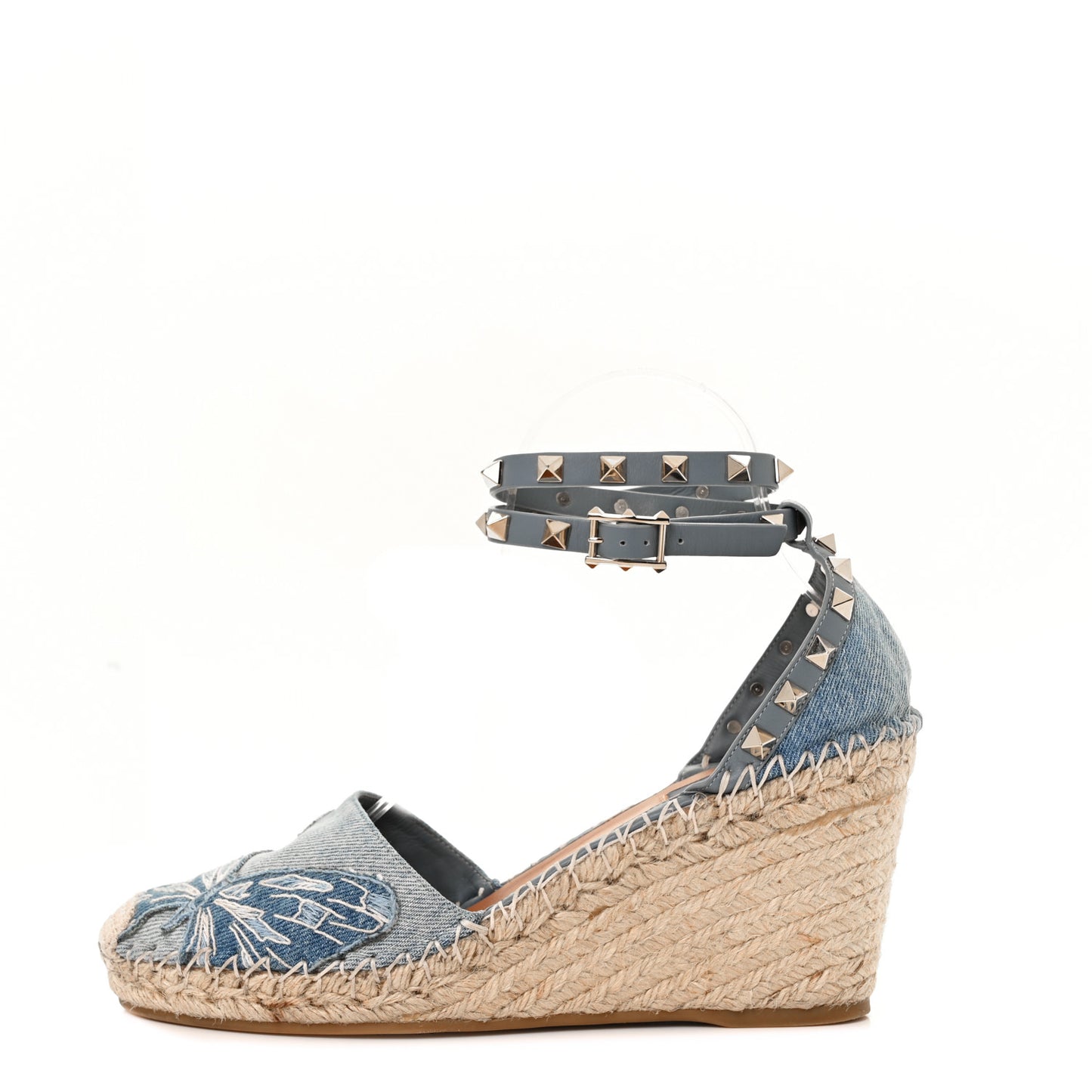 Denim Butterfly Embroidered Rockstud Ankle Wrap Espadrille 15/85mm Wedges 39 Light Denim