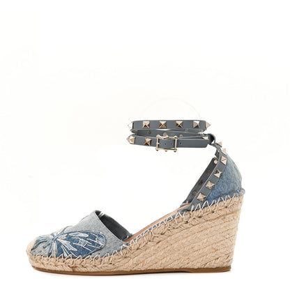 Valentino Garavani Denim Butterfly Embroidered Rockstud Ankle Wrap Espadrille 15/85mm Wedges 39 Light Denim 1 of 7