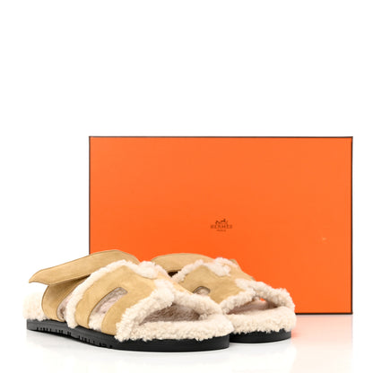 Hermes Suede Goatskin Woolskin Womens Chypre Sandals 38 Golden Beige 16 of 16