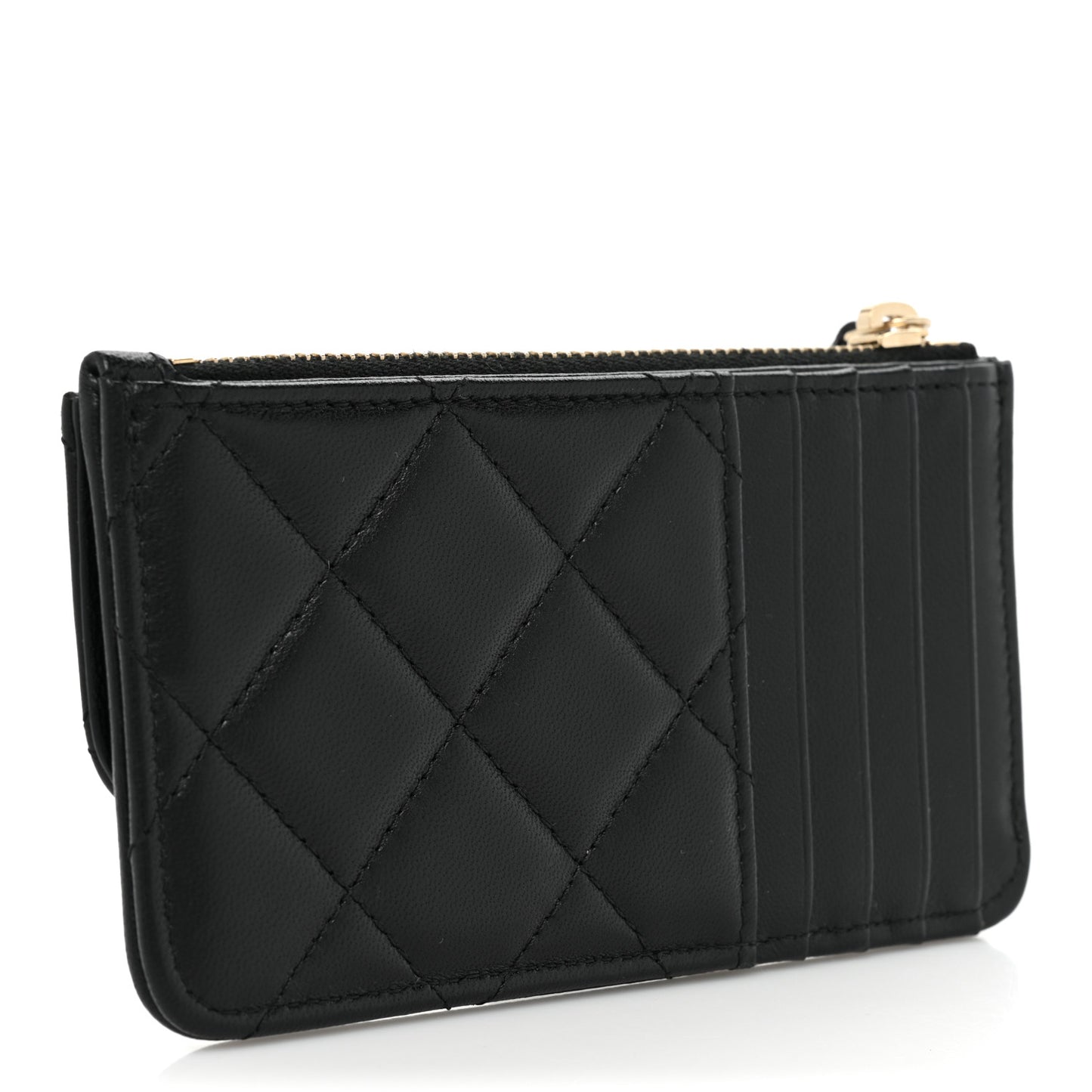 Lambskin Quilted Flap Zip Card Holder Black