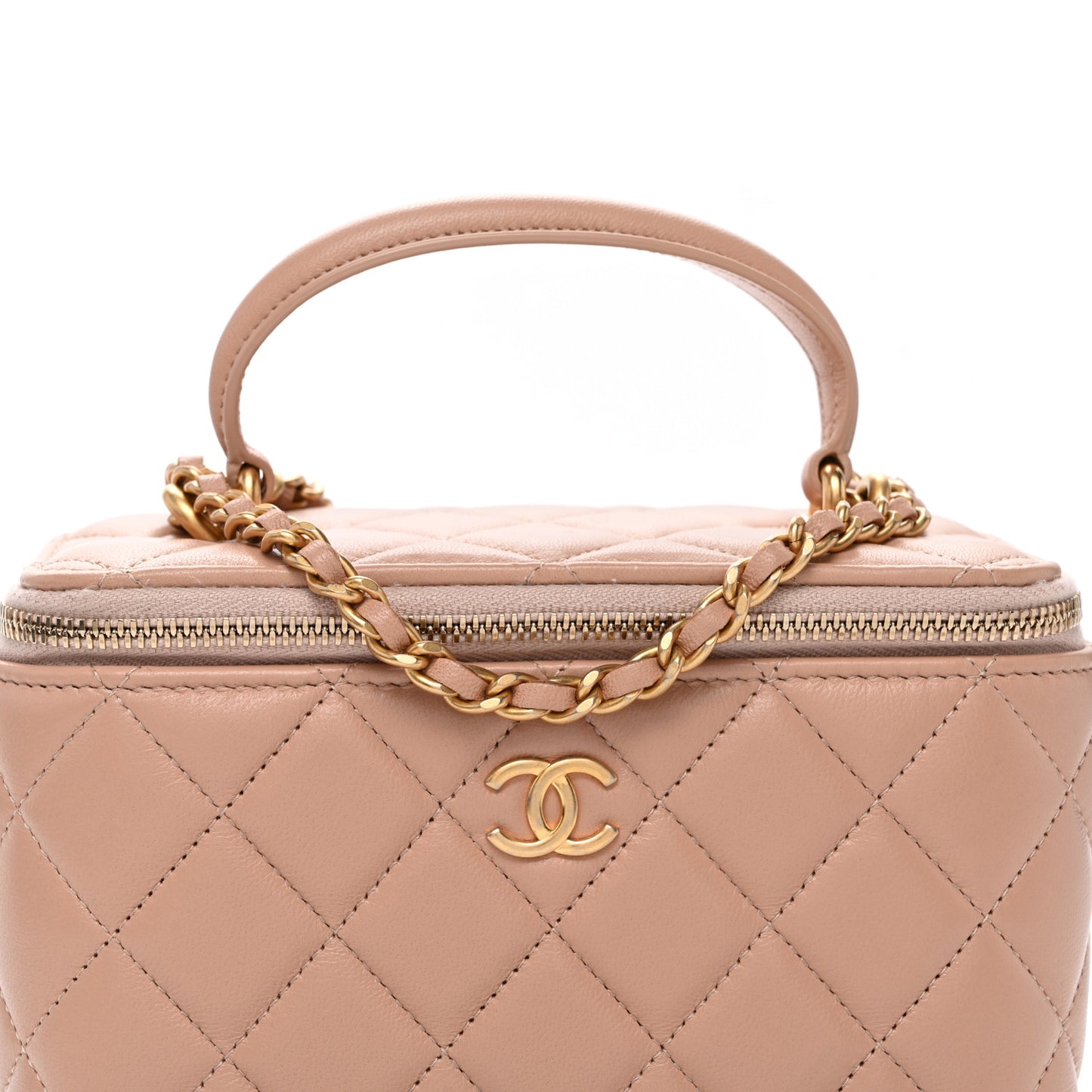 Lambskin Quilted Small Top Handle Vanity Case With Chain Beige