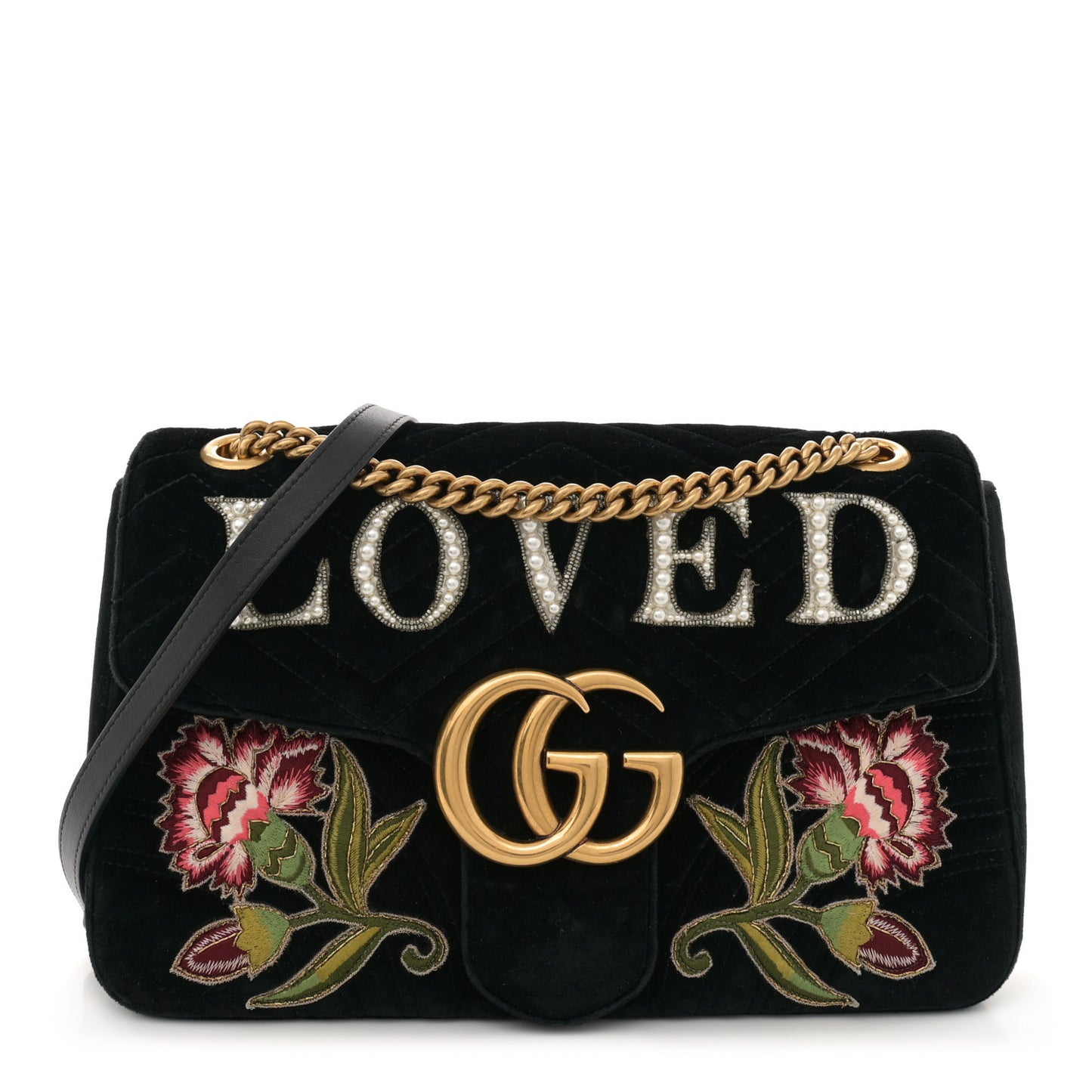 Velvet Matelasse Loved Embroidered Medium GG Marmont Shoulder Bag Black