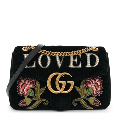 Gucci Velvet Matelasse Loved Embroidered Medium GG Marmont Shoulder Bag Black 1 of 11